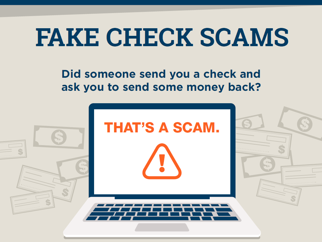 Fake Check Scams image with laptop that says That's a Scam's a Scam"