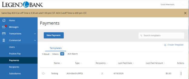 Previous online banking payment screen