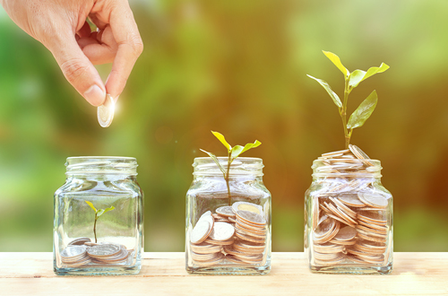 Money savings, investment, making money for future, financial wealth management concept. A man hand holding coin over stacked coins in glass jar and growing tree plant depicts Fund growth and wealth.
