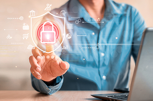 Businessman touching shield protect icon. Protection network security computer and safe your data concept, lock symbol, concept about security, cybersecurity and protection against dangers.